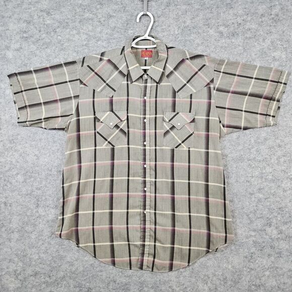 Ely Plains Men's XL Pearl Snap Short Sleeve Shirt Gray Windowpane WITH PINHOLES‎ - Picture 1 of 13